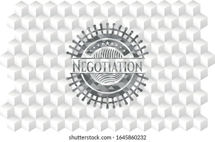 Negotiation realistic grey emblem with geometric cube white background