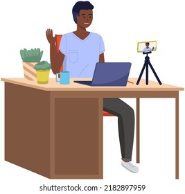 Negotiation session, blogger recording video for blog. Video call, podcast concept. Man with smartphone talking to friend on screen at online meeting. Distance learning at educational platform