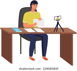 Negotiation session, blogger recording video for blog. Video call, podcast concept. Man with smartphone talking to friend on screen at online meeting. Distance learning at educational platform