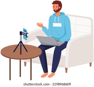 Negotiation session, blogger recording video for blog. Video call, podcast concept. Man with smartphone talking to friend on screen at online meeting. Distance learning at educational platform
