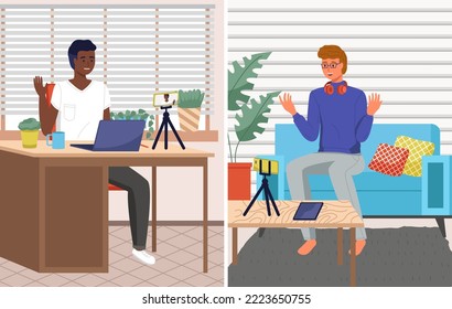 Negotiation session, blogger recording video for blog. Video call, podcast concept. Man with smartphone talking to friend on screen at online meeting. Distance learning at educational platform
