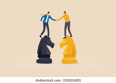 Negotiation Skill To Deal With Competitor, Agreement Or Partnership Decision, Collaboration Strategy To Success Together Concept, Businessman Leader Shaking Hand On Knight Chess Metaphor Of Agreement.