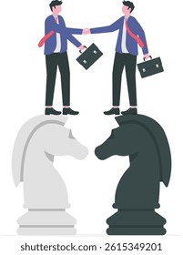 Negotiation skill to deal with competitor, agreement or partnership decision, collaboration strategy to success together concept, businessman leader shaking hand on knight chess metaphor of agreement.