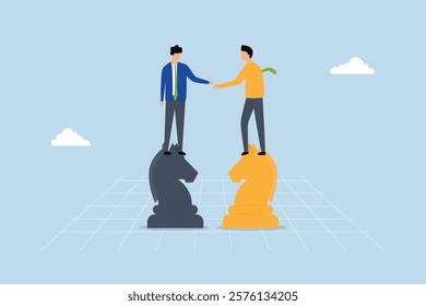 Negotiation skill to deal with competitor, businessman leader shaking hand on knight chess metaphor of agreement.