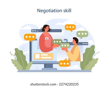 Negotiation skill. Human resources manager soft skills. HR agent competencies and professional ethic. Job recruitment, coaching and personnel efficiency improvement. Flat vector illustration