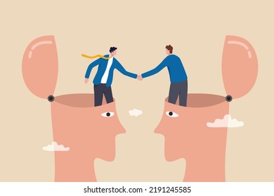 Negotiation skill for leadership, partner agreement or collaboration meeting, psychology to deal with people or collaboration for success concept, businessman shaking hand from heads for agreement.