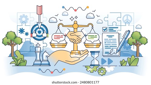 Negotiation skills for business deal and agreements outline hands concept. Strategy and plan for work contract vector illustration. Communication management, cooperation and work partnership.