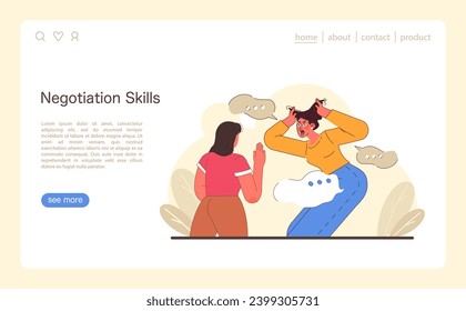 Negotiation Skills concept. A dynamic exchange portrays the challenges of assertive communication. Gestures and expressions capturing the intensity of a negotiation. Flat vector illustration