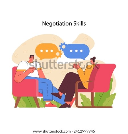 Negotiation skills concept. Two people in thoughtful conversation, exchanging ideas and seeking mutual understanding. Strategic communication showcased. Flat vector illustration