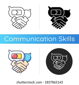 Icono de habilidades de negociación. Estilos de color negras y RGB lineales. Asociación empresarial, relación profesional. Discusión de trato, comunicación profesional. Ilustraciones vectoriales aisladas