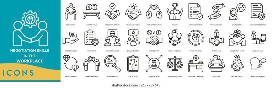 Negotiation Skills in the Workplace icon set. Deal Making, Bargain Table, Agreement Reached, Handshake Success, Conflict Resolution, Win-Win, Terms Agreement and Mutual Consent