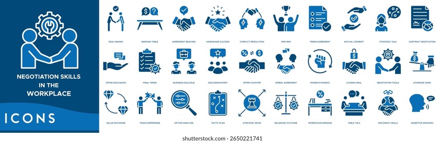 Negotiation Skills in the Workplace icon set. Deal Making, Bargain Table, Agreement Reached, Handshake Success, Conflict Resolution, Win-Win, Terms Agreement and Mutual Consent