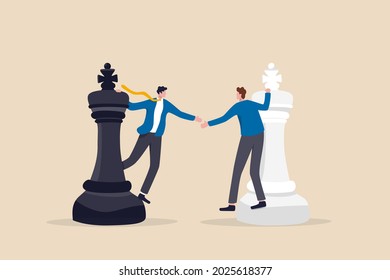 Negotiation Strategy, Win-win Situation, Partnership Instead Of Confrontation In Competition, Merger Or Agreement Concept, Businessman Competitors Standing On Chess Handshaking After Finish Agreement.