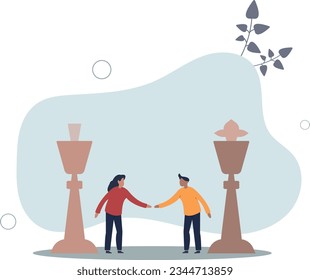 Estrategia de negociación, situación beneficiosa para todos, asociación en lugar de confrontación en el concepto de competencia, fusión o acuerdo. Ilustración vectorial plana.