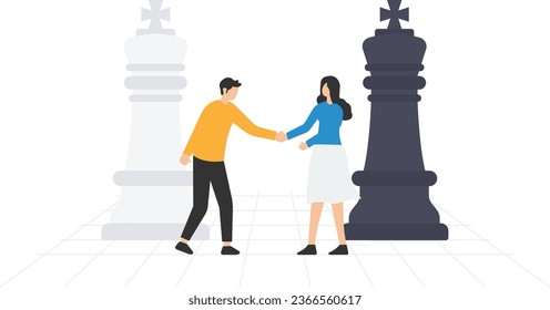 Negotiation strategy, win-win situation, Partnership instead of confrontation in competition, Merger or agreement, Competitors standing on chess, Handshaking after finishing agreement

