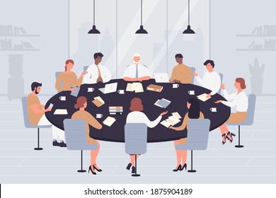 Negotiation table vector illustration. Cartoon politicians, directors or corporate leaders people negotiate, sitting at circle table in office conference hall, boardroom or meeting room background