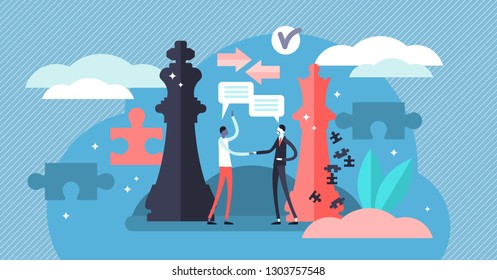 Negotiation vector illustration. Flat tiny persons discussion about rules. Business communication symbol for cooperation, partnership and contract agreement deal. Partner dialogue and collaboration.