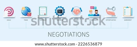 Negotiations banner with icons. Goals, trade, contract, business, deal, communicate, opportunities, agreement. Business concept. Web vector infographic in 3D style