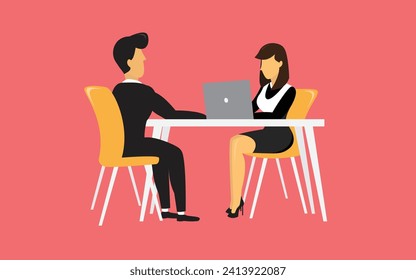 Negociaciones de una mujer de negocios con un hombre, están sentados en la misma mesa. Mujer en la computadora, concepto de negociaciones de negocios importantes. ilustración sobre fondo rojo.