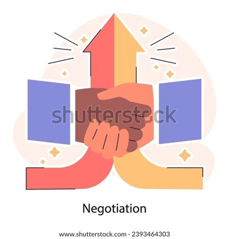 Negotiations. Employees finding consensus. Negotiation handshake. Making a compromise and disagreement resolution. Flat vector illustration