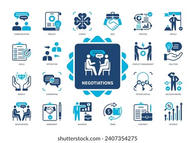 Juego de iconos de negociaciones. Objetivos, Compromiso, Contrato, Solución, Oportunidades, Comunicación, Gestión de Conflictos, Acuerdo. Iconos sólidos de color Duotone