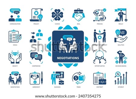 Negotiations icon set. Goals, Compromise, Contract, Solution, Opportunities, Communicate, Conflict Management, Agreement. Duotone color solid icons