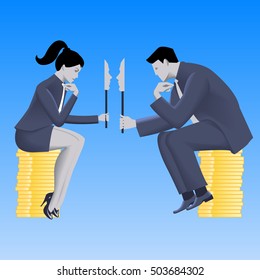Negotiations of masks business concept. Confident businessman in business suit talks with business lady and both are holding masks covering their true intentions. Talk, conversation, deception vector.