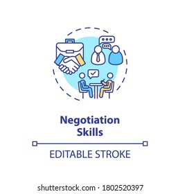 Negotiations skills concept icon. Business partnership. Successful cooperation. Businessmen communication idea thin line illustration. Vector isolated outline RGB color drawing. Editable stroke