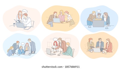 Negotiations, teamwork, brainstorming, collaboration, business, development, success concept. Young business people partners coworkers cartoon characters discussing projects in office together