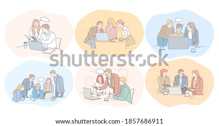 Negotiations, teamwork, brainstorming, collaboration, business, development, success concept. Young business people partners coworkers cartoon characters discussing projects in office together