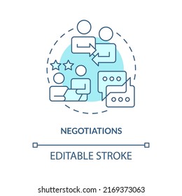 Negotiations Turquoise Concept Icon. Business Discussion. Compromise. Stage Of Merger Abstract Idea Thin Line Illustration. Isolated Outline Drawing. Editable Stroke. Arial, Myriad Pro-Bold Fonts Used