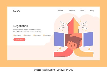 Negotiations web or landing. Employees finding consensus. Negotiation handshake. Making a compromise and disagreement resolution. Flat vector illustration