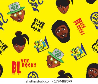 Negroid cool human faces with modern styles.Two dimensional seamless hand drawn vector illustration with artistic and colorful fonts.Based on Black Lives Matter movement. For different print perpous. 
