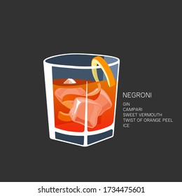 Negroni alcoholic cocktail vector illustration. Isolated on black background