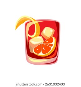 Negroni cocktail. Classic alcoholic drink with orange and ice in a glass. Vector illustration.