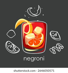Negroni cocktail. Classic alcoholic drink with orange and ice in a glass on a dark background. Vector illustration.