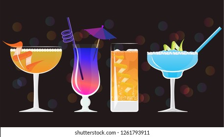  Negroni cocktail, Galaxy Magic Moscow Mule Vodka Cocktail, Sidecar cocktail ,Moonlight Margarita coctails  on black mirrored background with bokeh. Vector illustration for web and print,  party invit