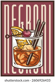 Negroni cocktail glass on retro, vintage poster with ice and slice of orange for design of surfing, tiki or beach bar menu. Old fashioned alcohol cocktail for drink party, summer vibes