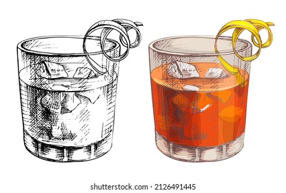 Negroni Cocktail With Ice Cube And Twist Slice Lemon. Vector Vintage Hatching Color Illustration. Isolated On White Background. Hand Drawn Design