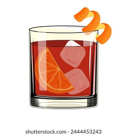 Negroni cocktail with ice cube and twist slice orange. Classic alcoholic drink. Retro style.