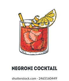 Negroni cocktail illustration. Hand drawn sketch. Vector illustration. Isolated object.