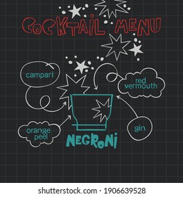 Negroni. Cocktail menu. Alcoholic cold drinks. Recipe. Lettering, arrows, dialog clouds. Stars and dots, blots. Gray checkered background. Isolated vector objects. Cartoon glass. 