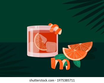 Negroni Cocktail in old fashioned glass with ice. Aperol Campari Alcoholic Beverage with citrus peel, orange slice on green background with palm leaf shadow. Summer Italian aperitif. Vector.