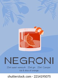 Negroni Cocktail in old fashioned glass with ice. Summer Italian aperitif retro poster. Elegant print, wall art with alcoholic beverage decorated with orange peel and citrus tree on background. Vector