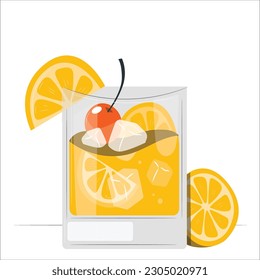 Negroni Cocktail in old fashioned glass with ice. Aperol Campari Alcoholic Beverage with citrus peel, orange slice on green background with palm leaf shadow. Summer Italian aperitif. Vector.