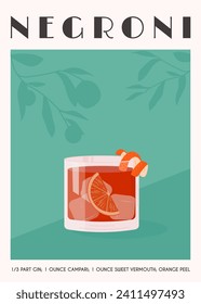 Negroni Cocktail in old fashioned glass with ice. i Alcoholic Beverage with orange peel and citrus slice on background with shadow of orange fruit tree. Summer Italian aperitif. Vector.