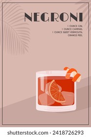 Negroni Cocktail in old fashioned glass with ice. Aperol Campari Alcoholic Beverage with orange peel and citrus slice on background with shadow of orange fruit tree. Summer Italian aperitif. Vector.