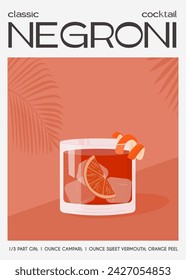 Negroni Cocktail in old fashioned glass with ice. Summer Italian aperitif retro poster. Elegant print, wall art with alcoholic beverage decorated with orange peel and citrus tree on background. Vector