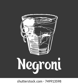Negroni cocktail on the black background with type. Vector hand drawn illustration