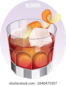 Negroni Cocktail with Orange Peel and Ice Cubes. Refreshing Beverage Detailed Illustration